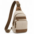 Borsa a tracolla 31 cm in tela beige e similpelle marrone con tasche zip