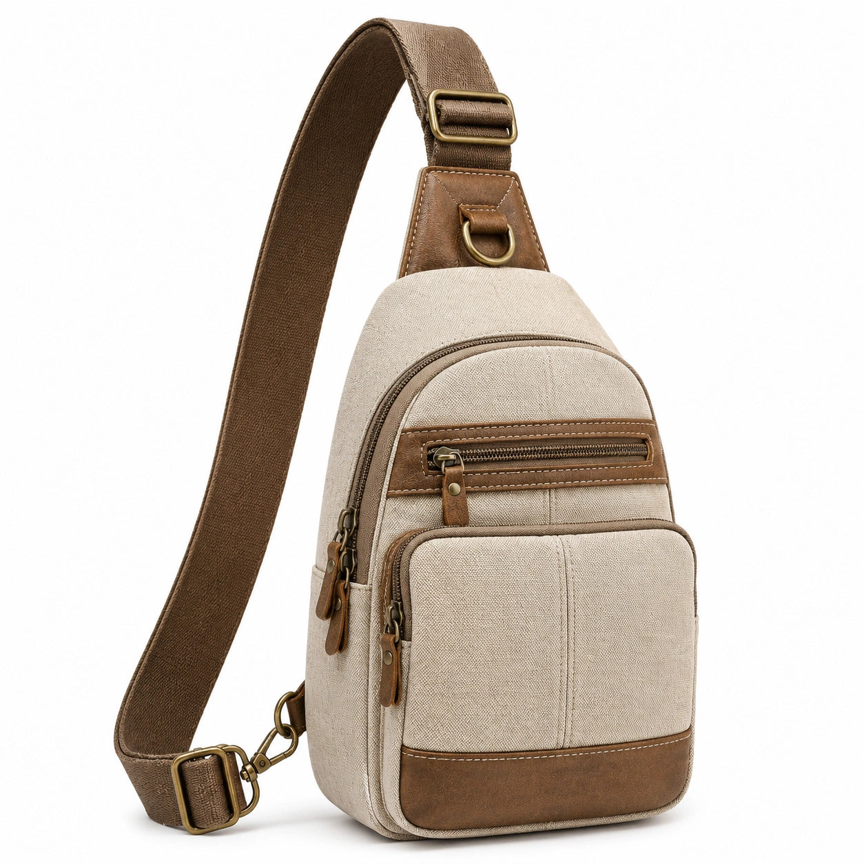 Borsa a tracolla 31 cm in tela beige e similpelle marrone con tasche zip