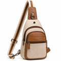 Borsa a tracolla 18 x 8 x 30 cm in tessuto beige e marrone con tasche zip