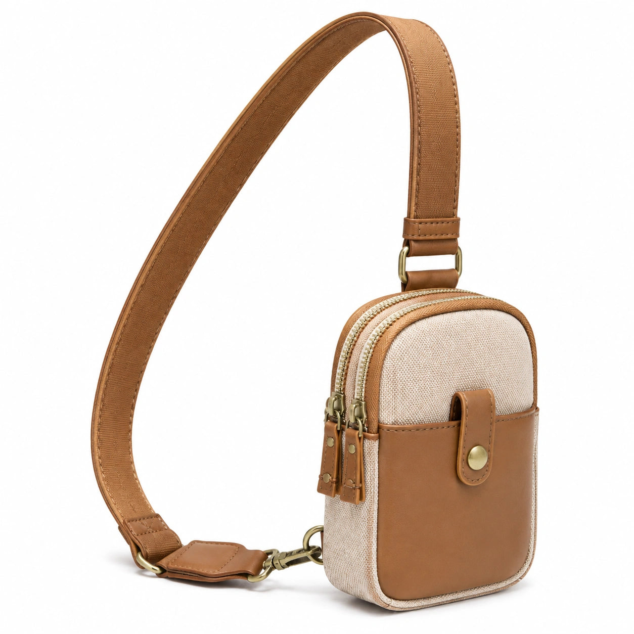 Borsa a tracolla porta cellulare 12 x 5 x 19 cm in tessuto e similpelle beige/marrone con tasca frontale