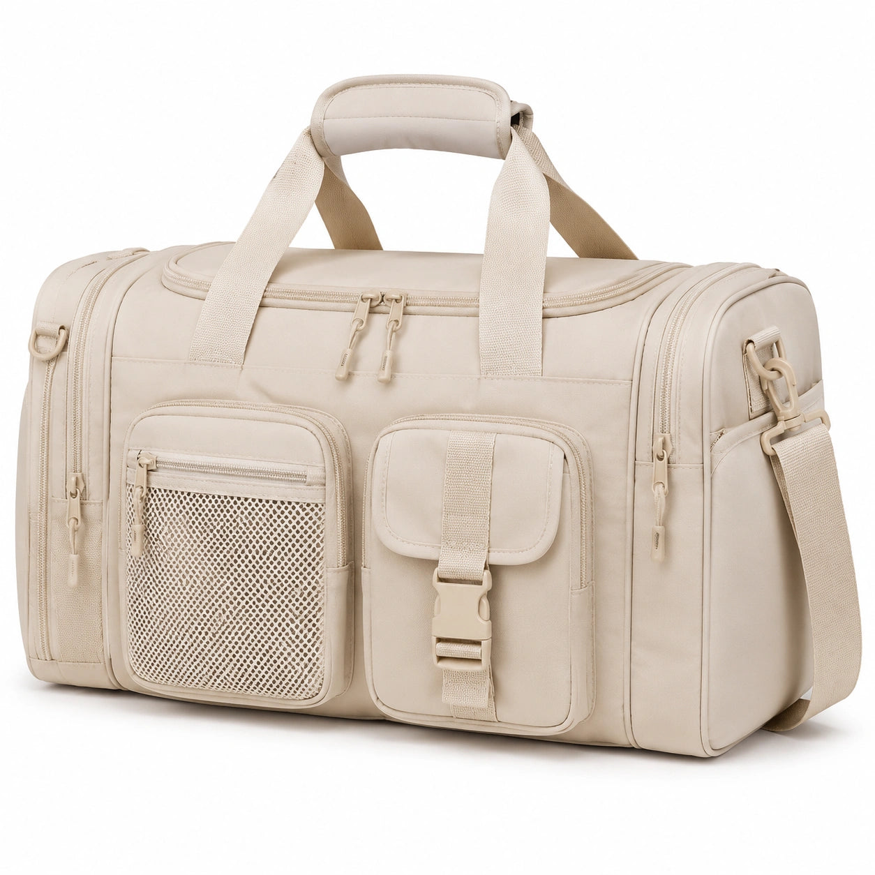 Borsone da viaggio 50 x 25 x 30 cm in tessuto sintetico beige con tasche multiple