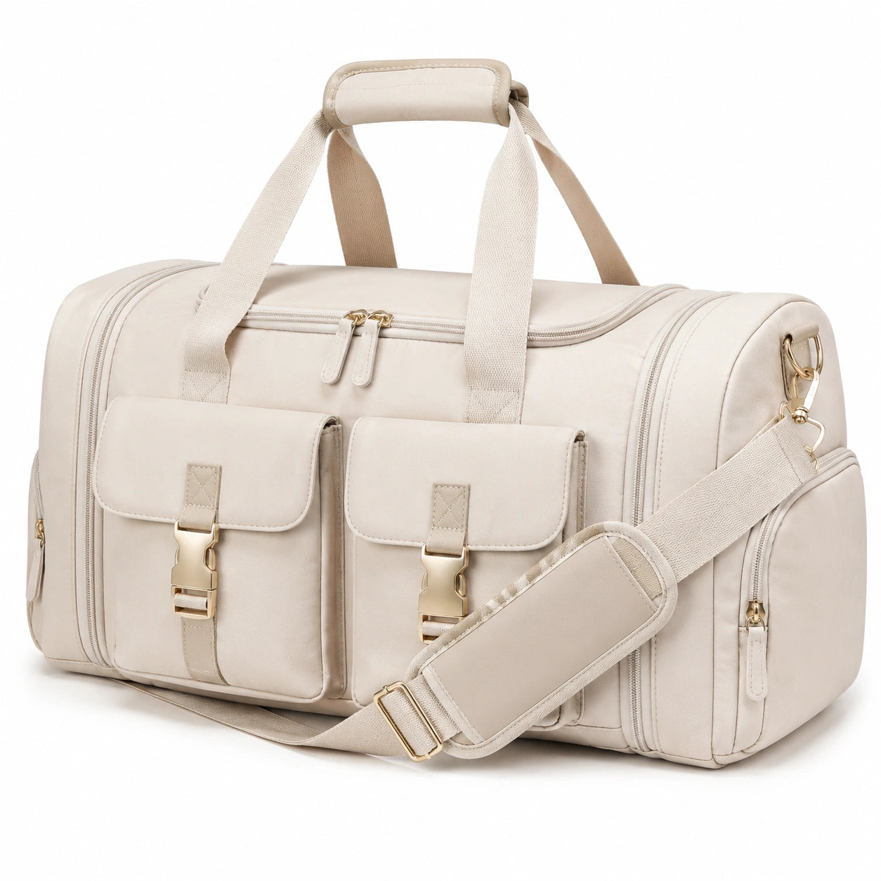 Borsone da viaggio 50 cm in materiale sintetico beige con tracolla regolabile e tasche esterne