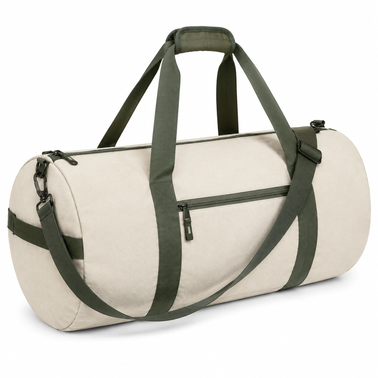 Borsone cilindrico 50 cm in tessuto beige e verde per sport e viaggio con tracolla