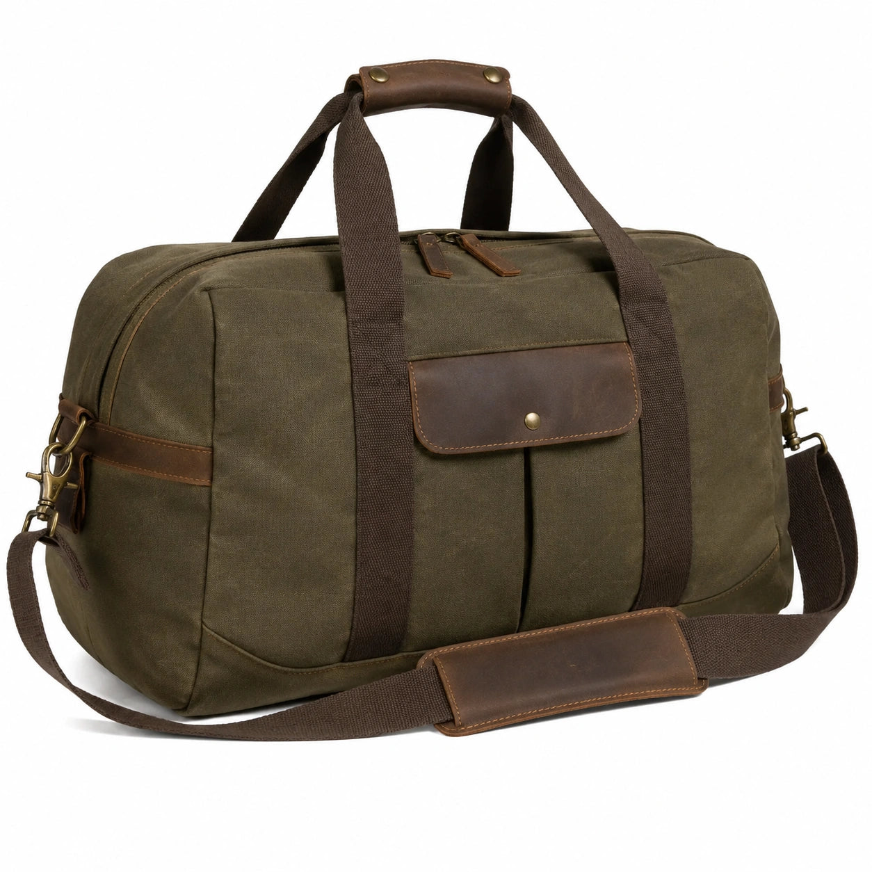 Borsone da viaggio 50 x 25 x 30 cm in tela verde oliva e pelle marrone con tracolla rimovibile