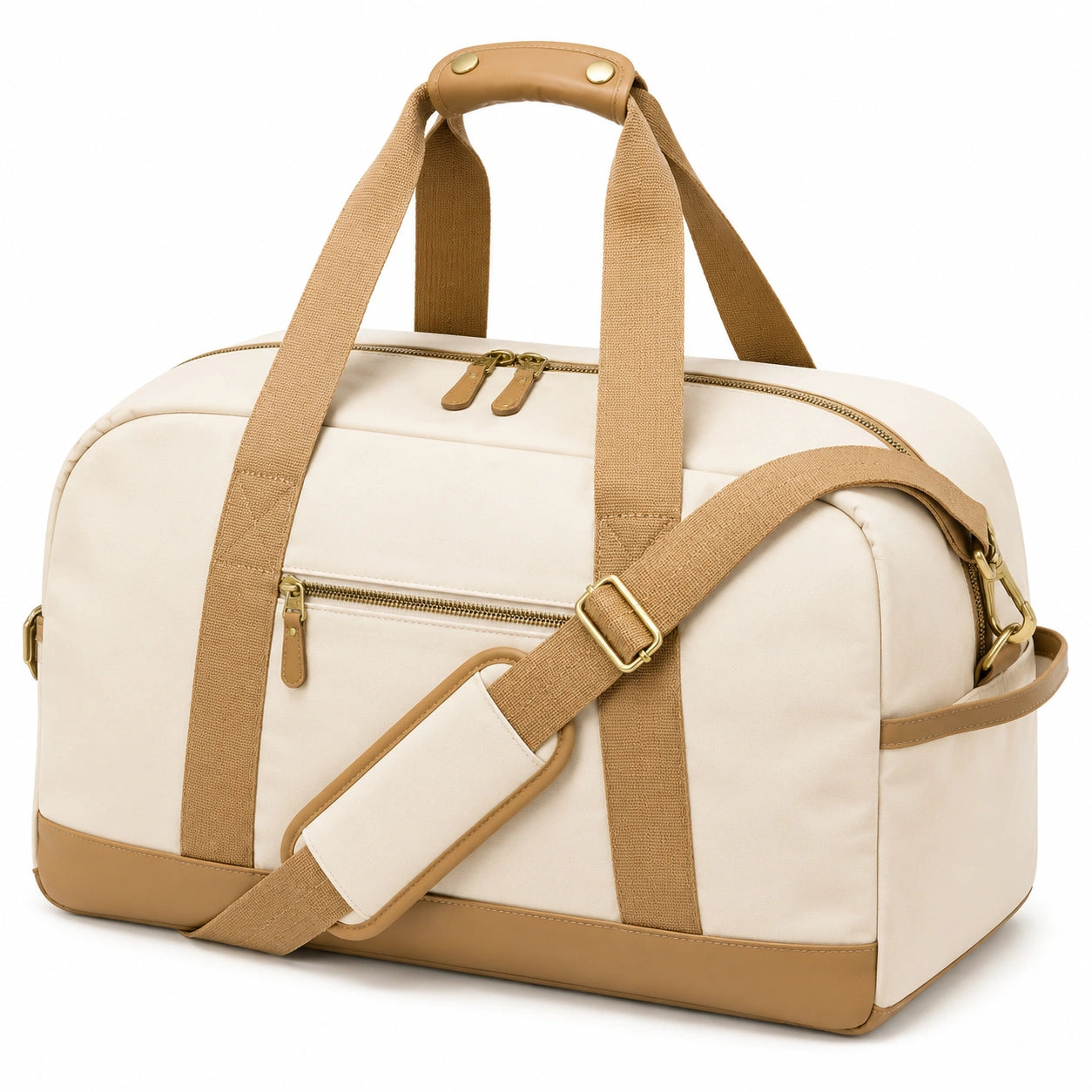Borsone da viaggio 48 x 25 x 30 cm in tessuto e similpelle beige e cammello con tracolla regolabile