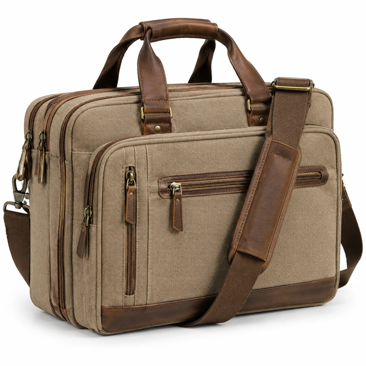Borsa porta computer 42 cm in tela beige e similpelle marrone con tracolla