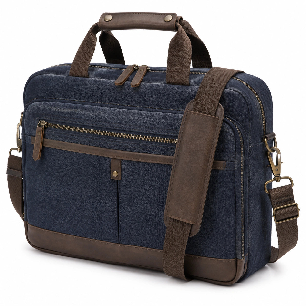 Borsa porta computer 40 cm in tela blu e similpelle marrone con tracolla