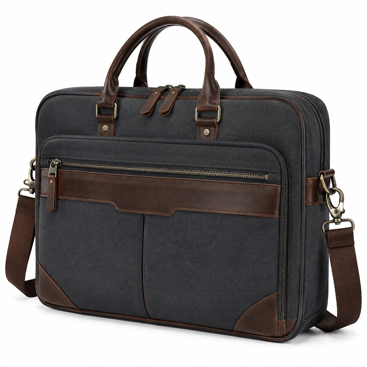Borsa portadocumenti 42 cm in tessuto grigio scuro con inserti marroni stile business
