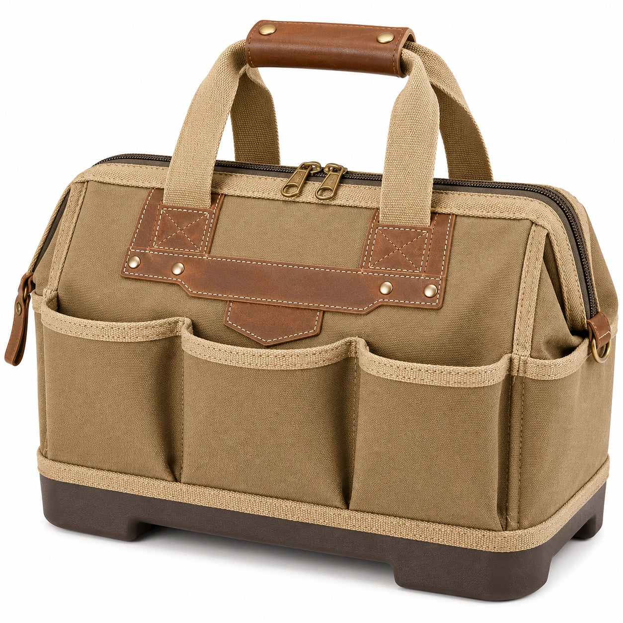 Borsa portautensili 40 x 22 x 30 cm in tela beige e marrone con zip e tasche esterne