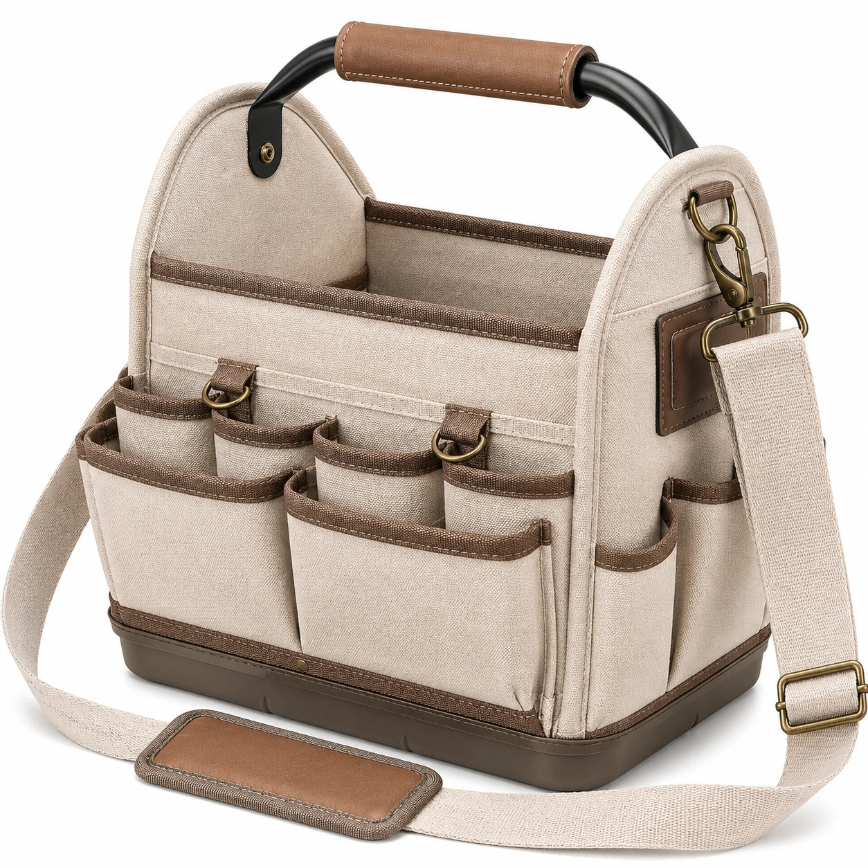 Borsa organizer 35 x 18 x 30 cm in tela beige e marrone con tracolla regolabile