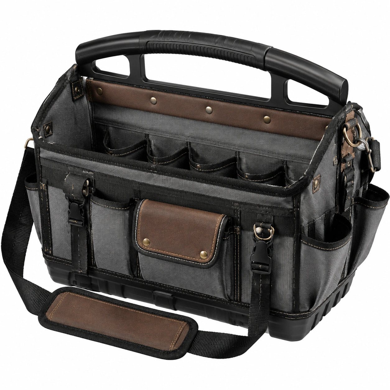 Borsa portautensili 45 cm in tessuto nero e marrone con tasche multiple e tracolla