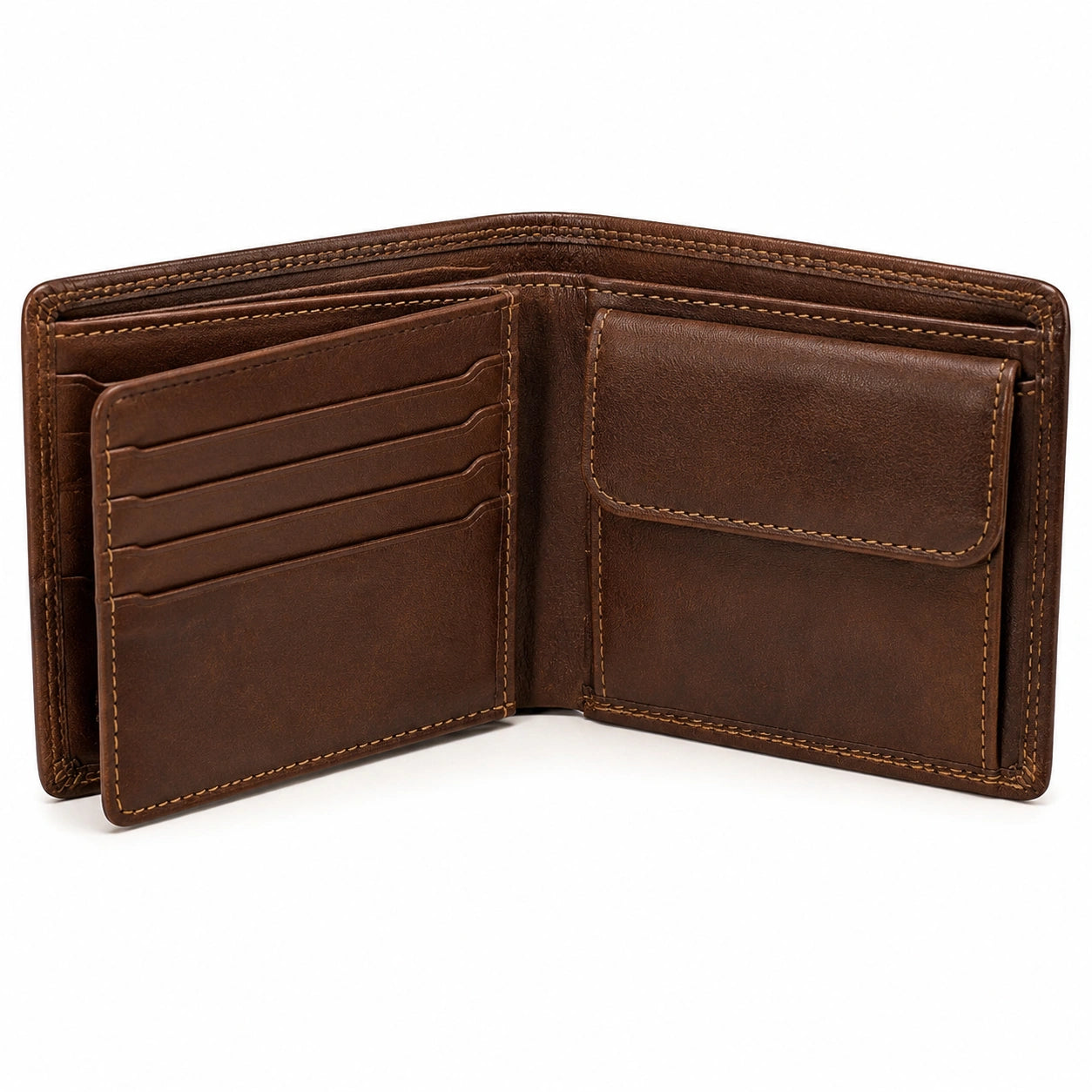 Portafoglio bifold 12 x 9.5 x 2 cm in pelle marrone con portamonete