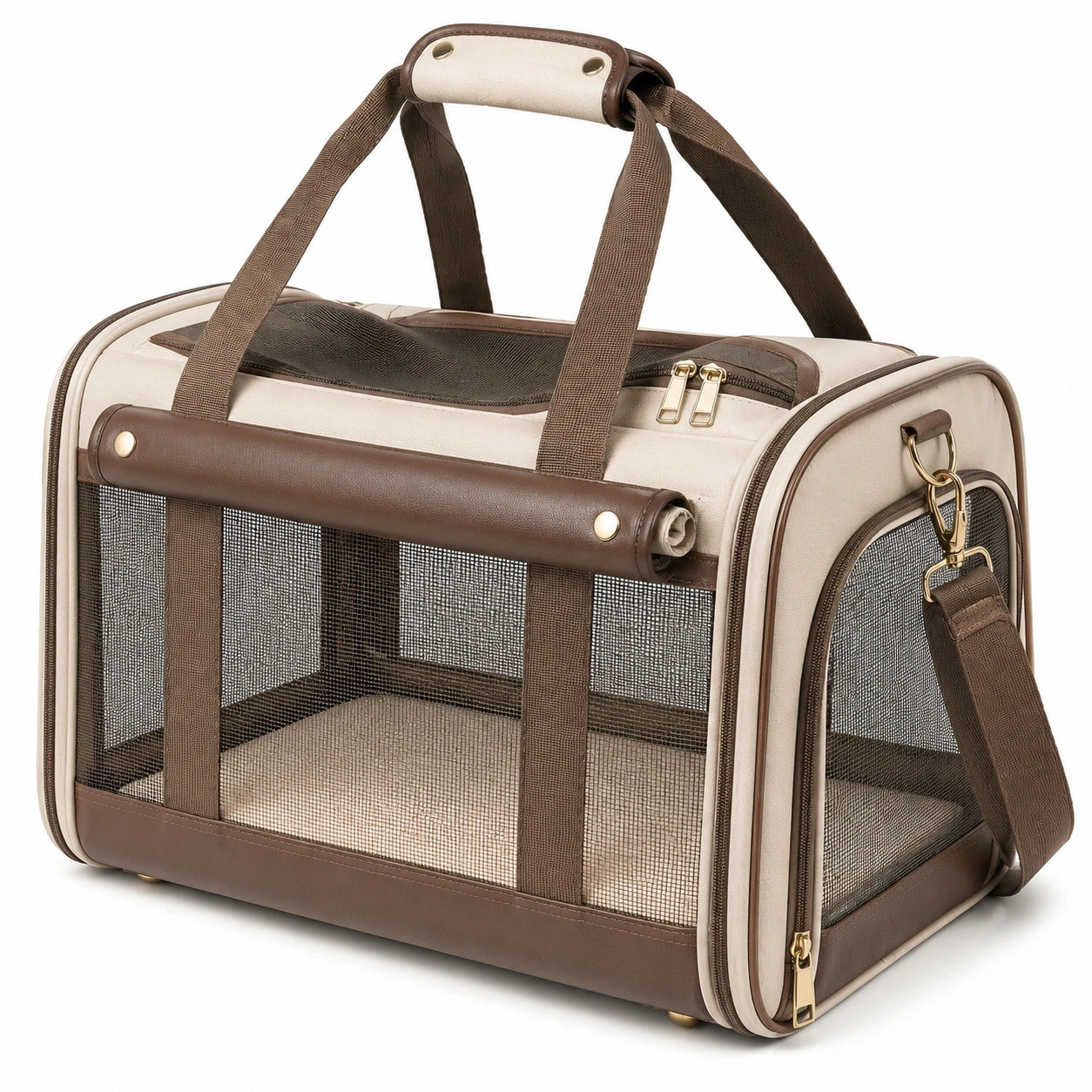 Trasportino per animali 50 cm in tessuto beige e marrone con rete pieghevole