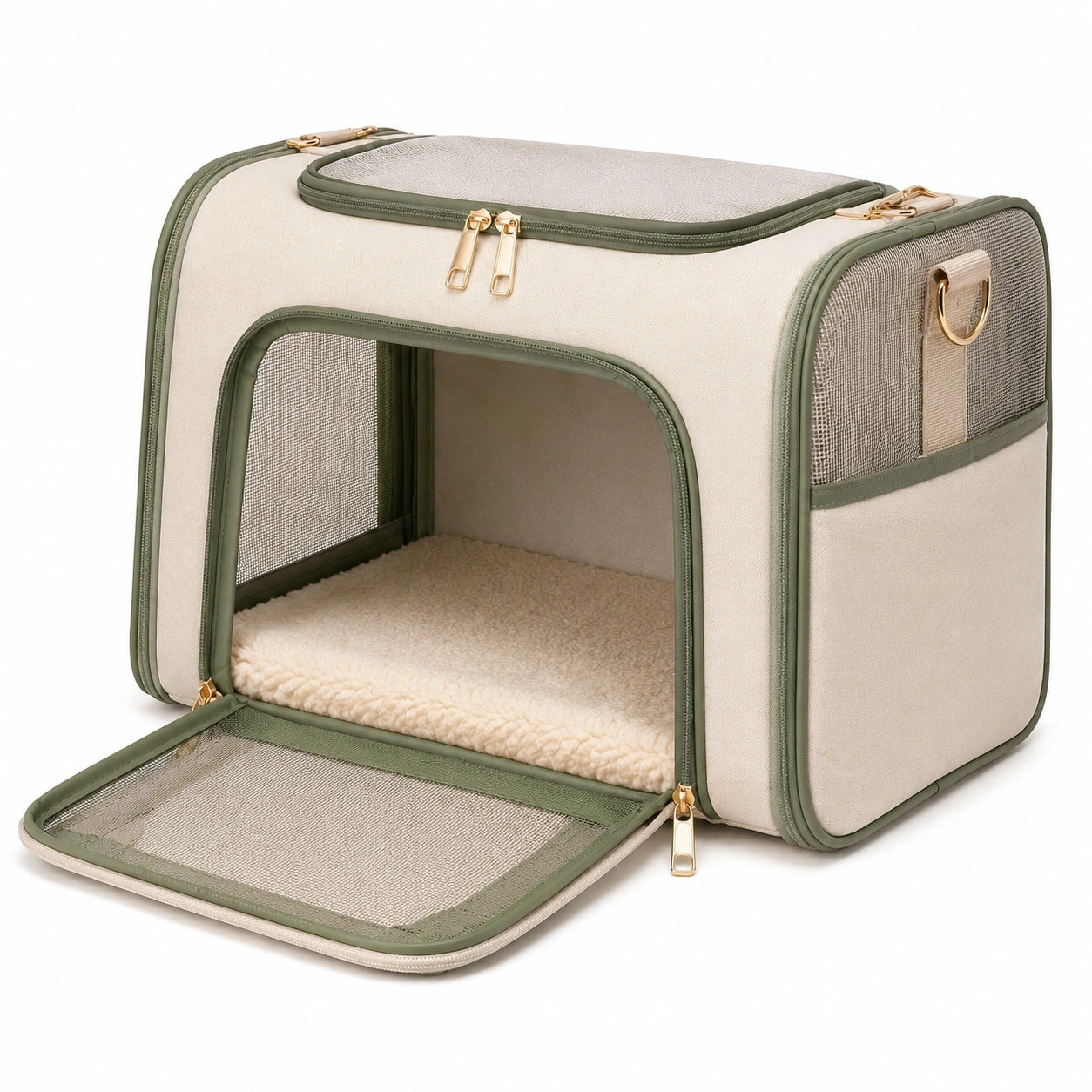 Trasportino per animali 45 x 30 x 32 cm in tessuto beige e verde con rete e chiusura zip