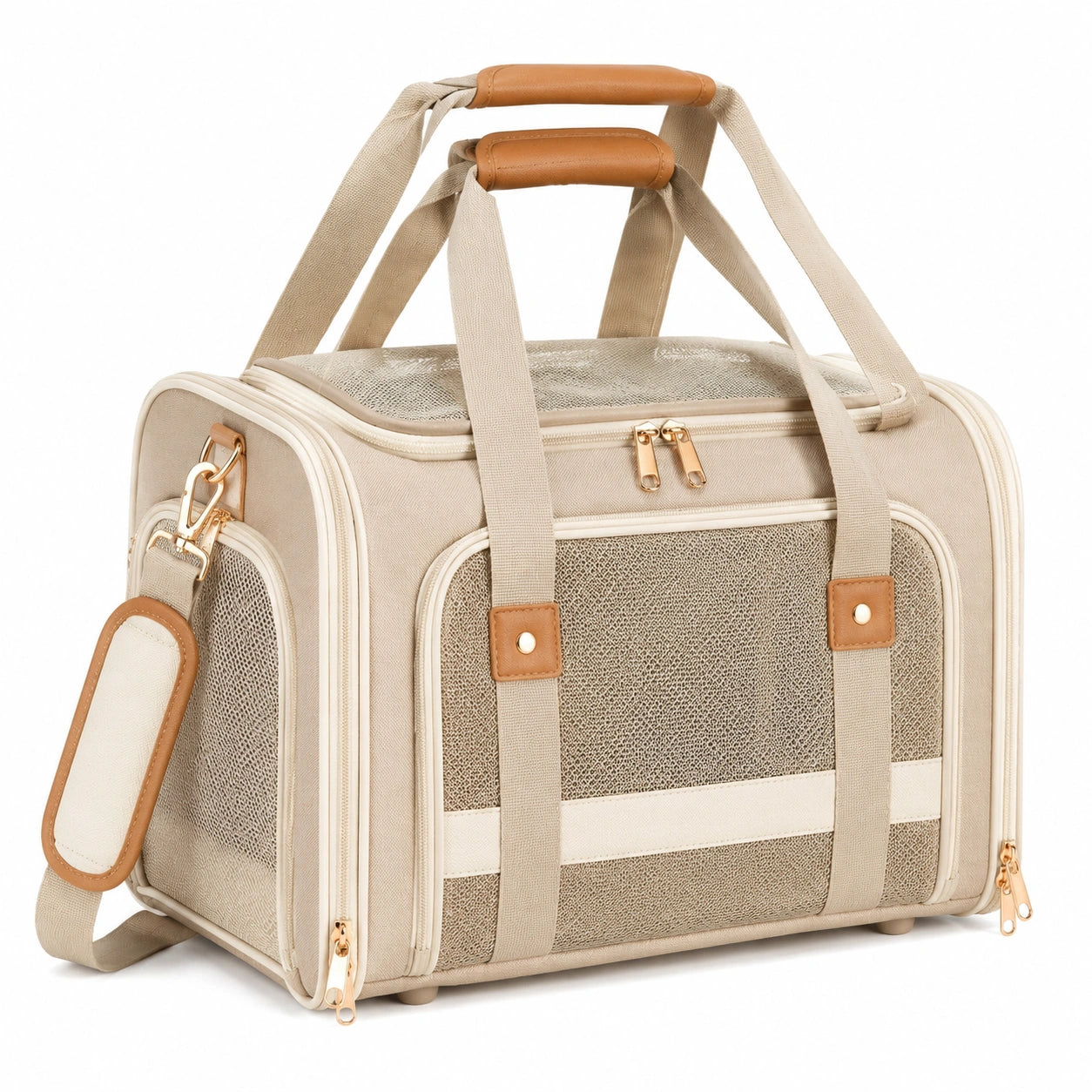 Borsa trasporto animali 45 x 25 x 30 cm in tessuto beige con rete e tracolla