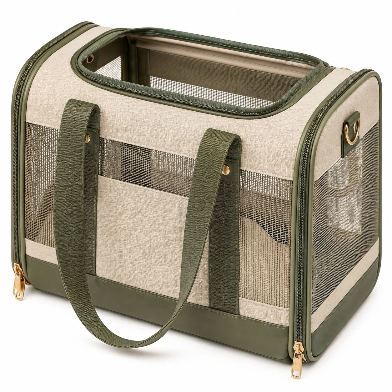 Trasportino per animali 45 x 28 x 30 cm in tessuto e rete beige/verde - ventilato con manici