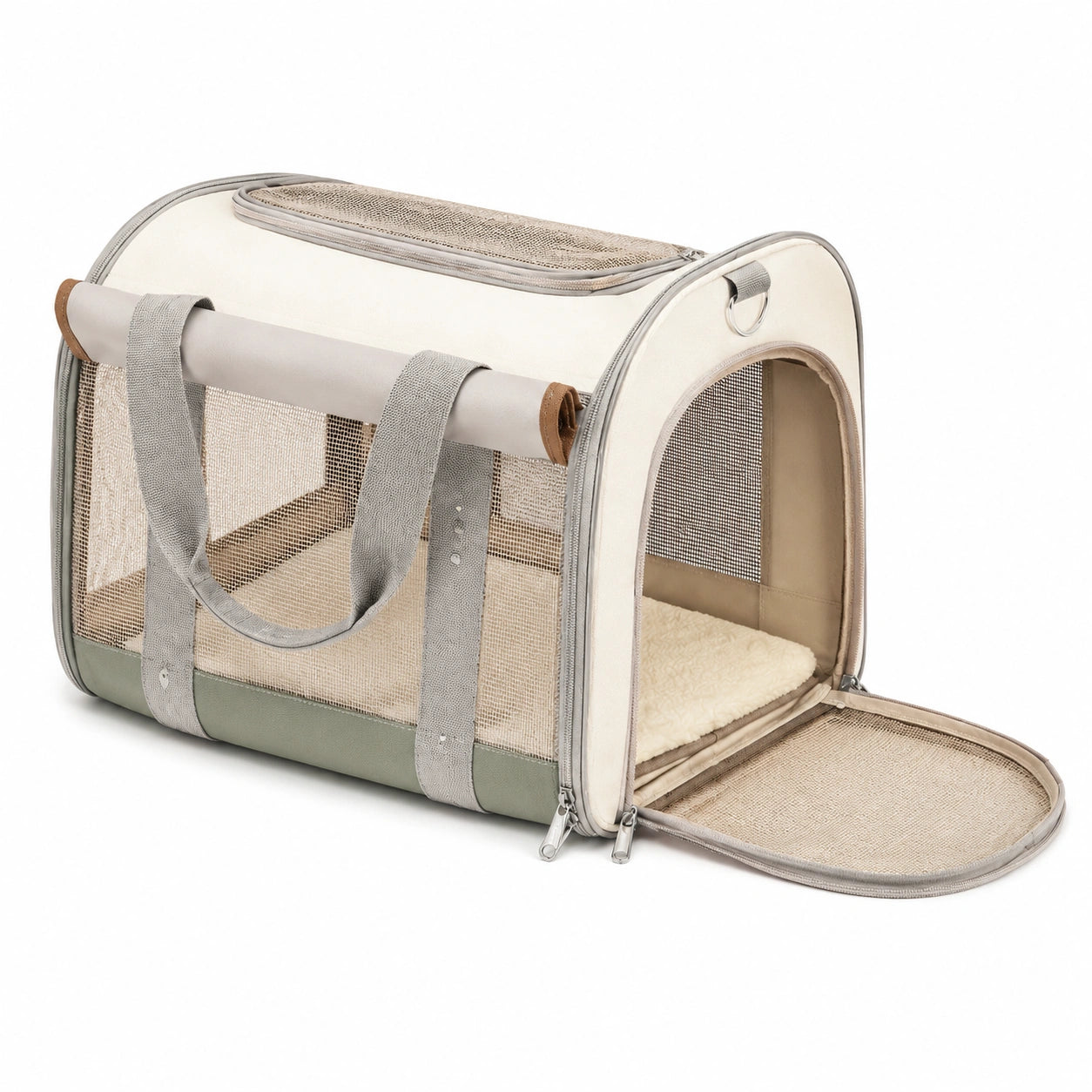 Trasportino per animali 45 x 28 x 28 cm in tessuto beige e verde con rete - pieghevole e ventilato