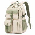 Zaino 31 x 18 x 45 cm in tessuto sintetico beige e verde con tasche multiple per scuola e viaggio