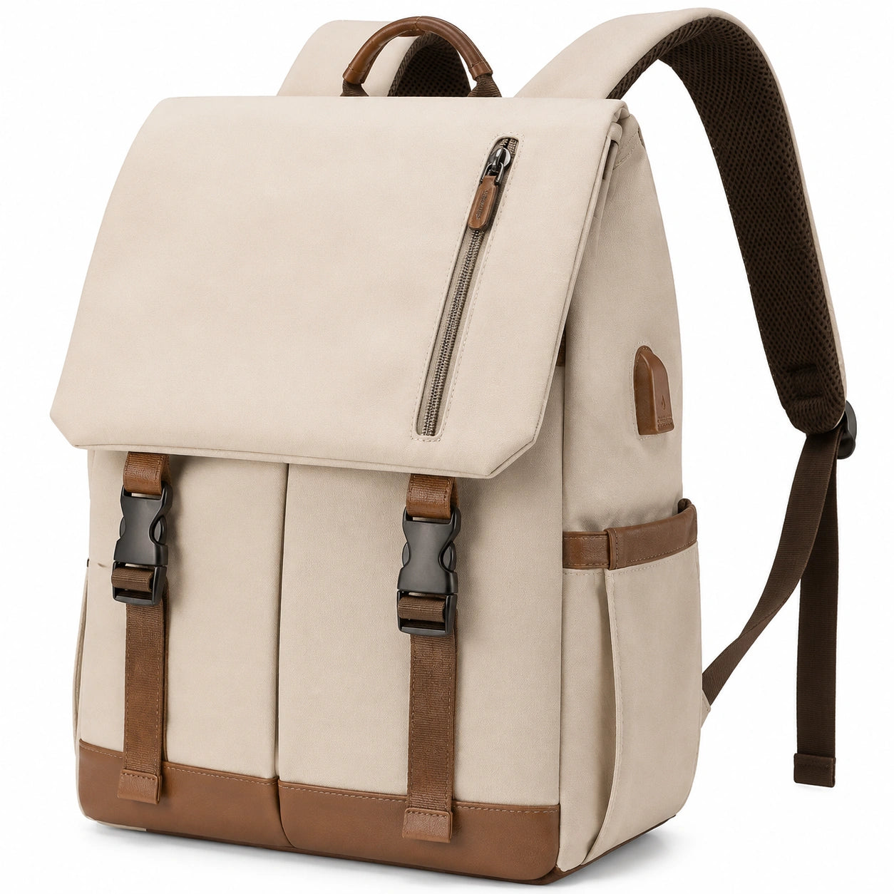 Zaino 30 x 16 x 42 cm in tessuto beige e marrone con tasche e spallacci imbottiti