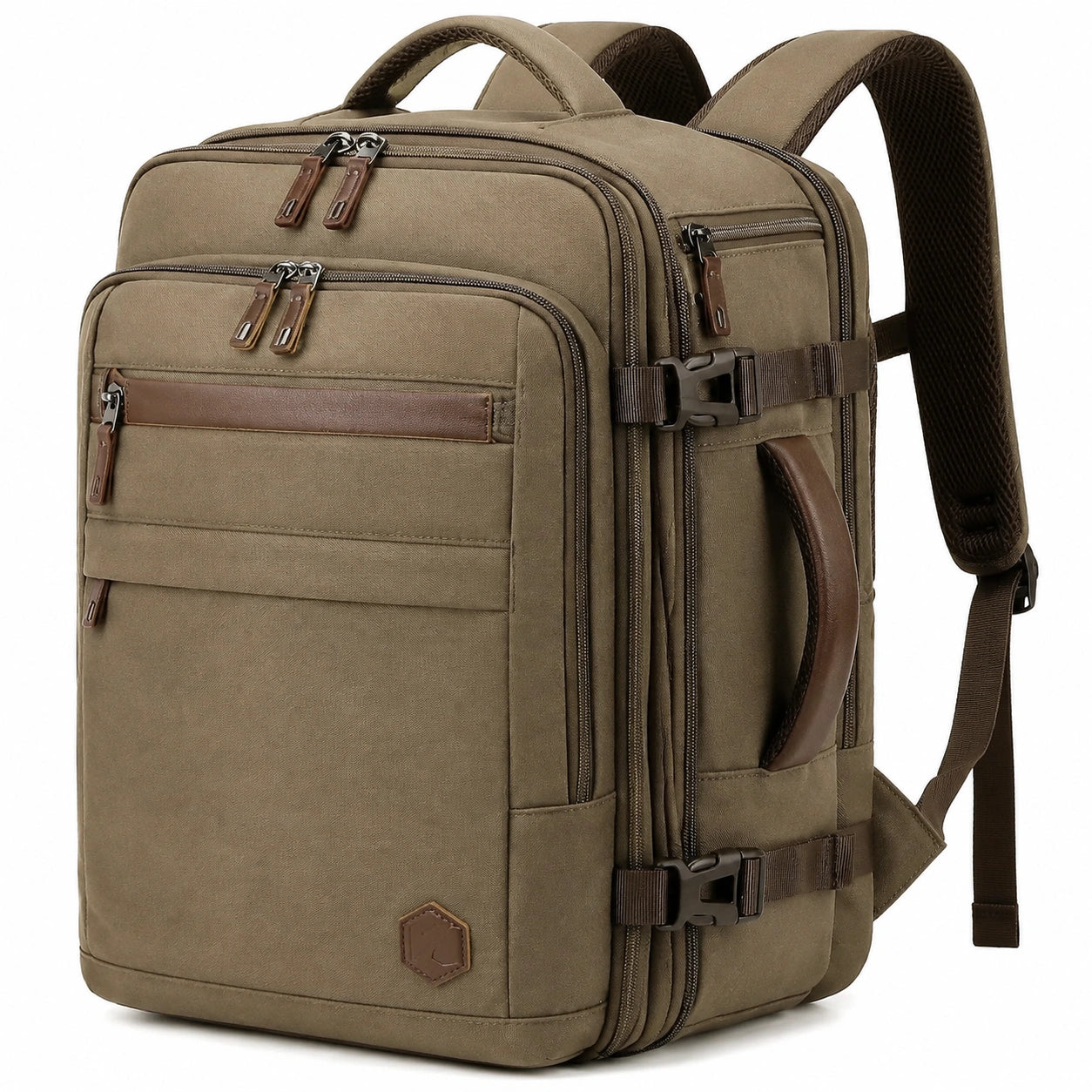 Zaino da viaggio 32 x 18 x 48 cm in tessuto kaki con tasche multiple